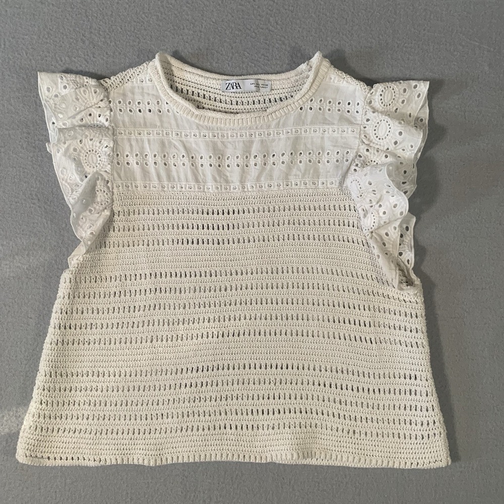 Zara Knit/Crochet Top with Ruffle‎ Sleeves - Ivory - Size L